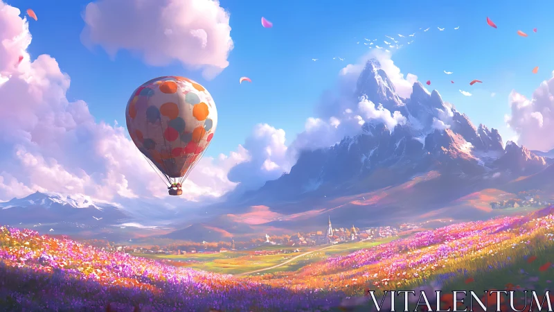 Balloon drifting above candy-colored valley and crystal peak.