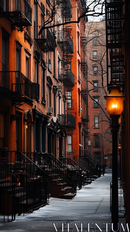 Snow-dusted brownstone street shows winter light and shadows