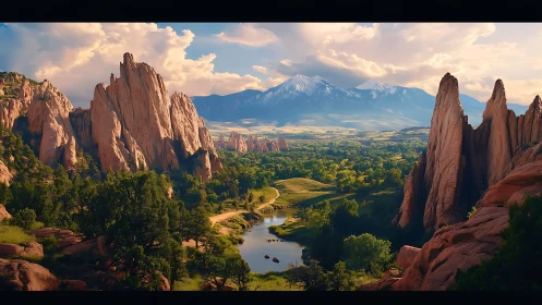 Red sandstone spires flank lush valley and distant peaks.