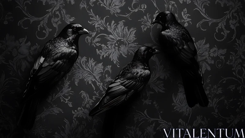 Triangular formation of glossy crows on baroque damask wall