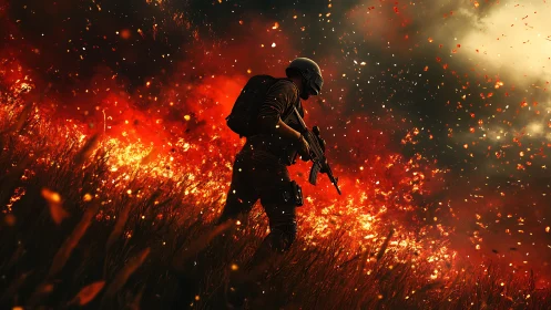Tactical Operative Silhouette Against Inferno.
