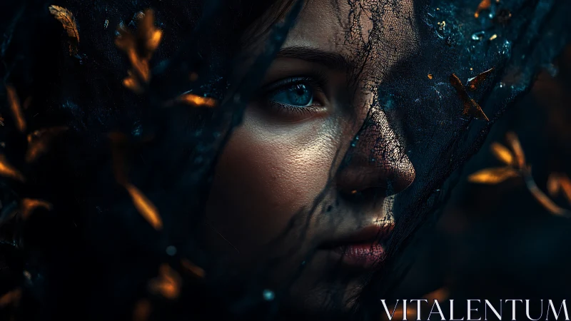 Dreamy blue-eyed portrait wrapped in midnight lace veil.