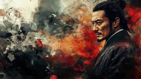 Samurai figure rendered against abstract red and gray field