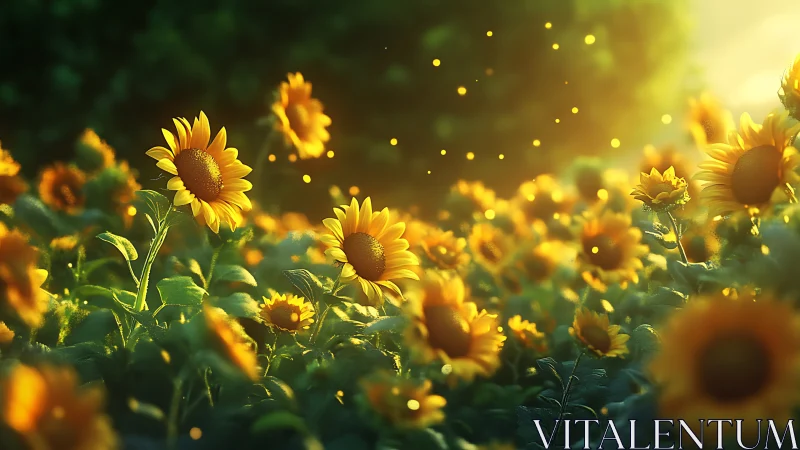 Backlit sunflower field rendered with shallow depth and bokeh glow