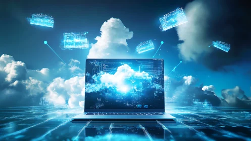 Cloud data streams surround futuristic laptop interface.