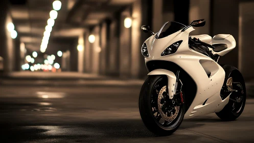 Sleek white superbike stands poised in moody city tunnel.
