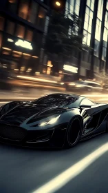 Midnight gloss hypercar on blurred urban boulevard sprint