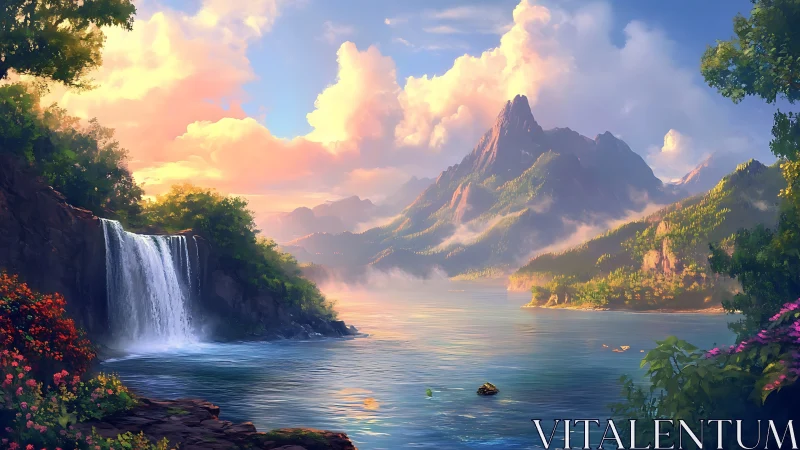 Mountain lake landscape with waterfall and cloud formations.