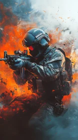 Elite tactical soldier advances through fiery battlefield chaos