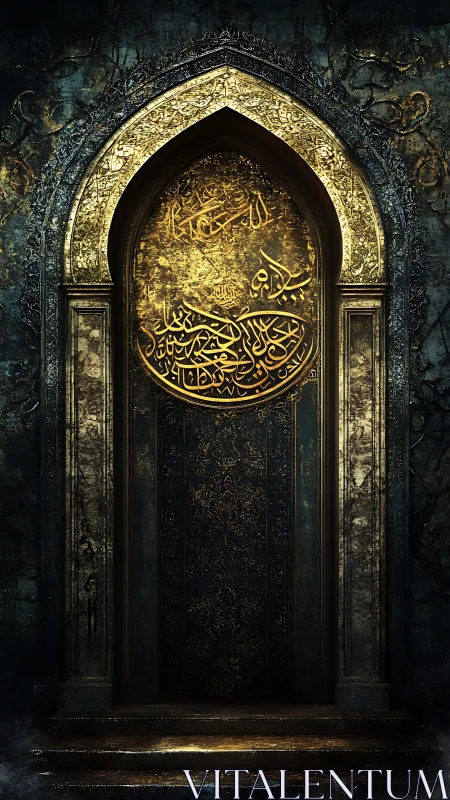 Gilded arched doorway with intricate Arabic calligraphy.