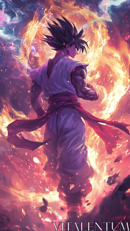 Fiery anime warrior walking through swirling cosmic flames.