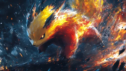 Fire creature in dynamic motion within abstract flames.