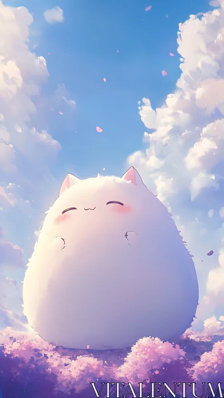 Giant pastel chibi cat entity under cumulus cloudscape sky