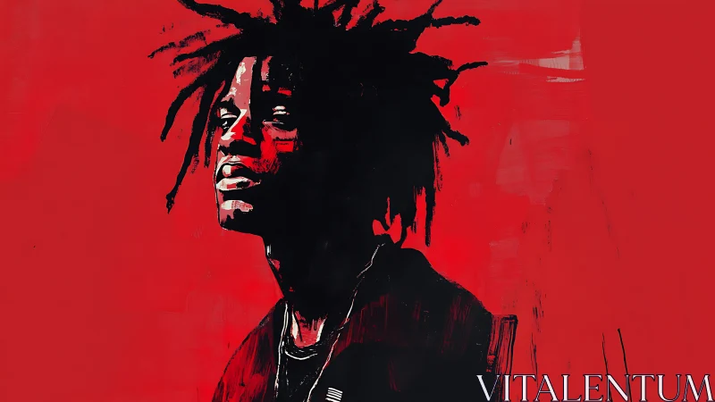 Side-profile portrait silhouette contrasts with red field