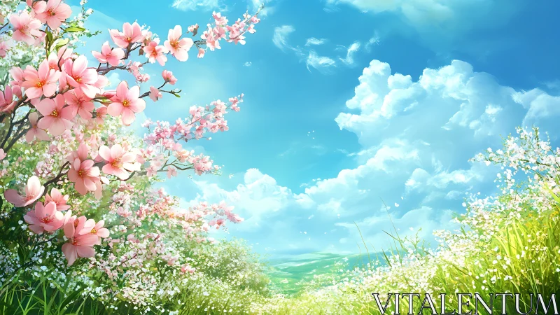 Blossoming tree branches over grassy hillside under sky.