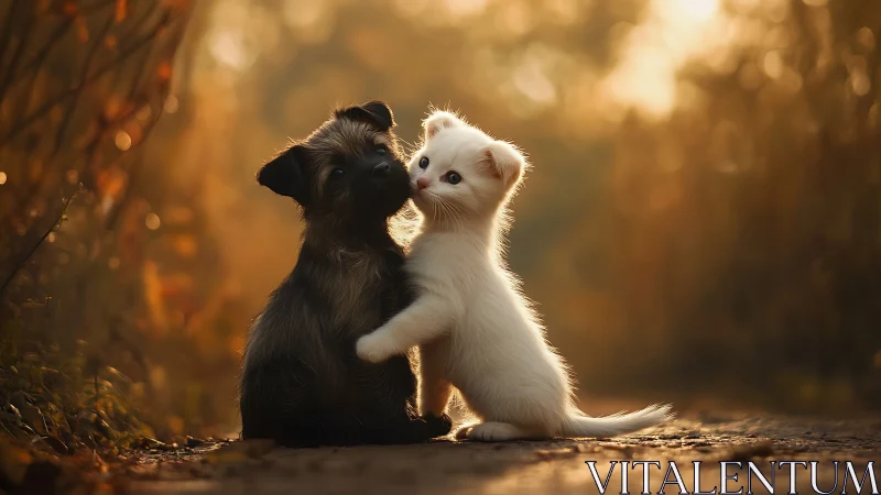 Puppy and kitten sitting on path in warm sunset light.