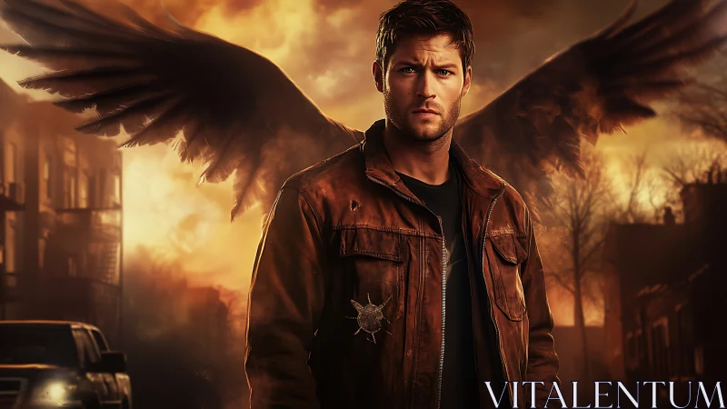Brooding winged man in leather jacket on burning street.