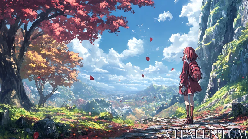 Scarlet backpack dreamer overlooking a sunlit autumn valley.