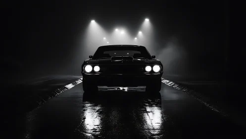 Muscle car silhouette cuts through misty midnight streetlights