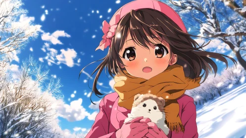 Winter anime girl with scarf holding plush toy in snowfield.
