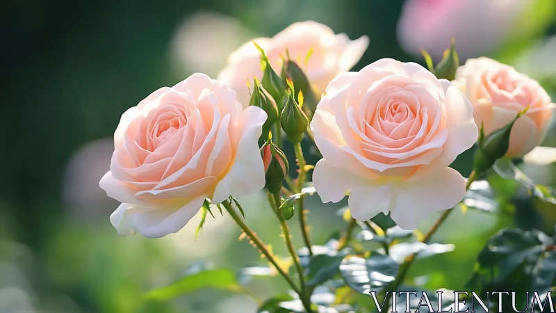 Peach Roses in Sunlight with Green Garden Background.