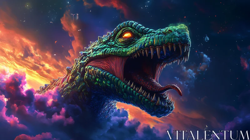 Cosmic dragon head roars above vivid neon storm clouds.