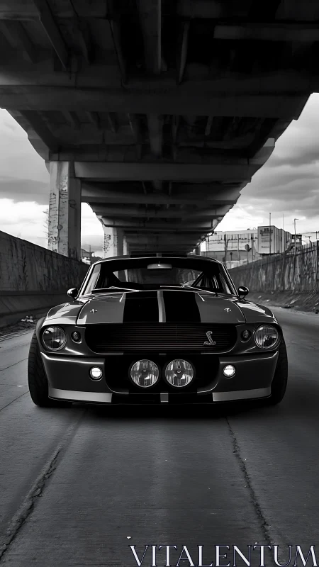 Monochrome muscle car portrait under brutalist overpass structure