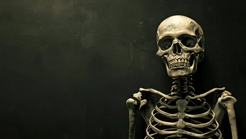 Stoic classroom skeleton against brooding charcoal void.