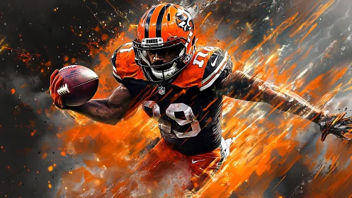 Explosive football runner bursting through blazing colors.
