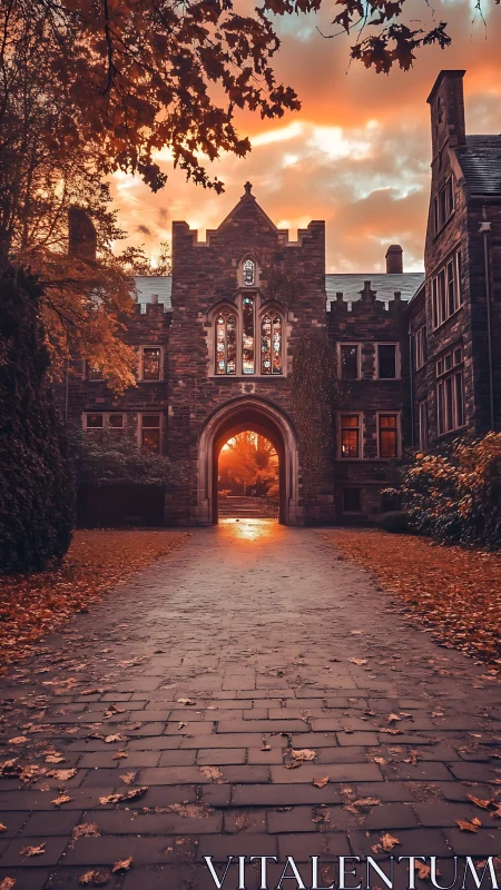 Gothic campus archway under dramatic autumn sunset glow.