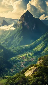 Volumetric-lit alpine spire above densely forested valley settlement.