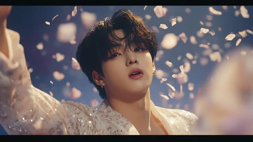 Ethereal portrait of a singer amid softly drifting petals