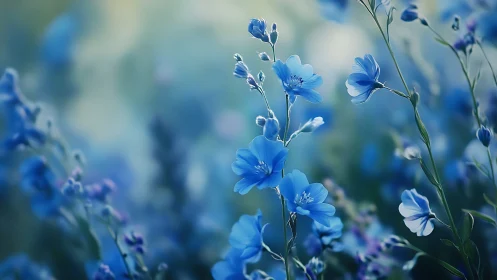 Blue Delicate Flowers in Soft Focus Garden Light.