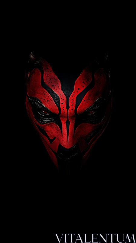 Red horned mask emerges from deep shadowed darkness.