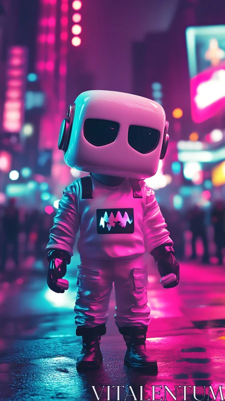 Neon-slick robot explorer in rain-soaked cyberpunk street.