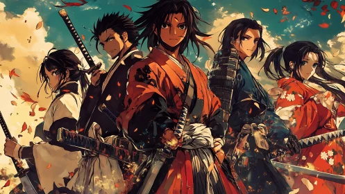 Samurai friends standing strong beneath swirling autumn skies.