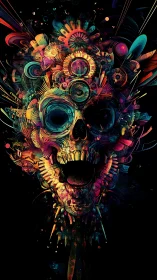 Multicolored mechanical skull formation on dark background.