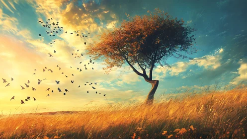Lone Tree in Golden Field at Sunset, Surreal Digital Art.