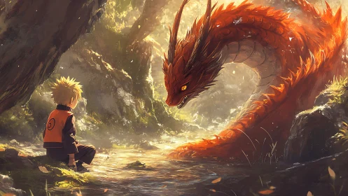 Golden forest truce between boy shinobi and ember dragon.
