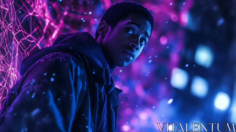 Cyberpunk portrait under neon web and falling snow.