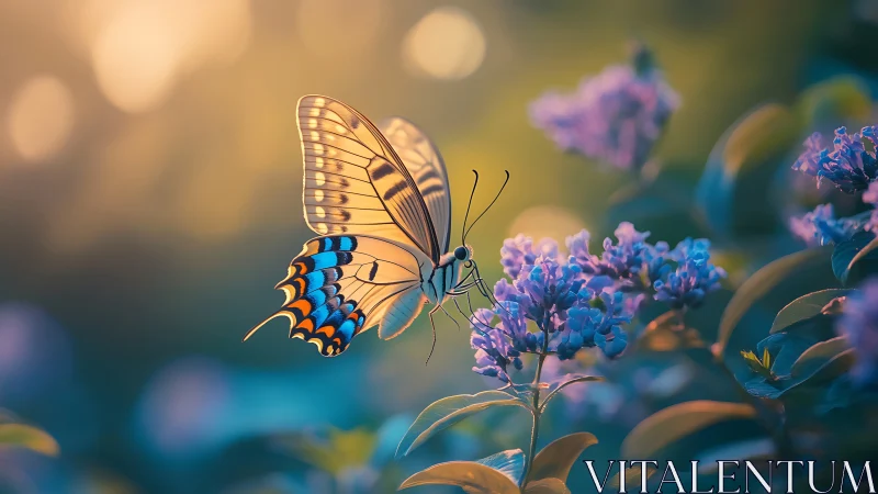 Sunlit butterfly pause among dreamy twilight blossoms.