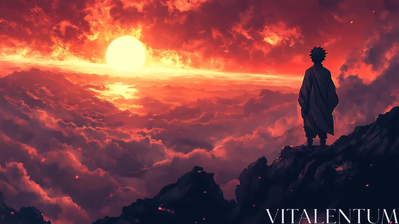 Solitary figure above red cloudscape at low sun altitude.