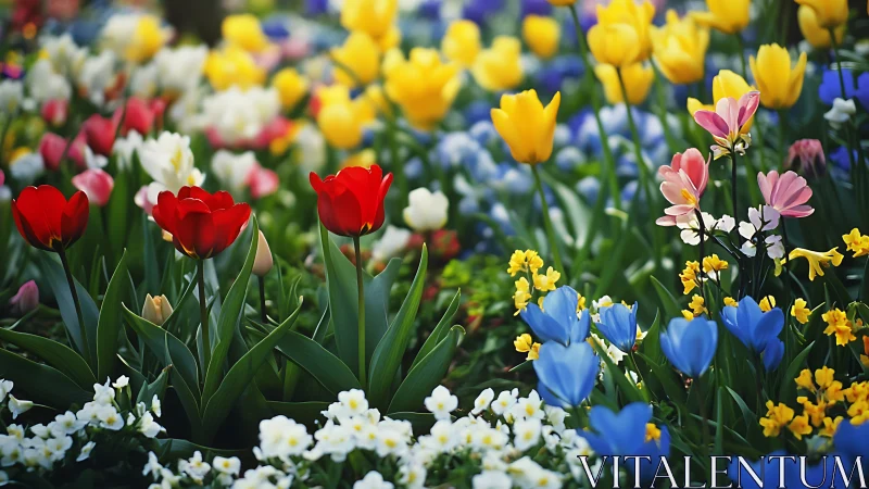 Spring garden composition with tulips and companion plantings.