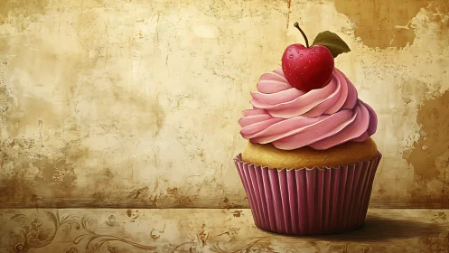 Gourmet Cupcake with Red Apple Topper Against Distressed Wall.