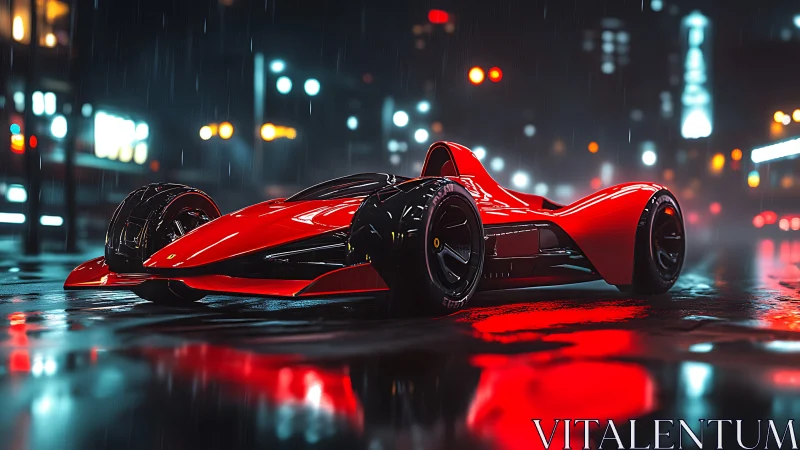 Futuristic red race car glows across wet neon city streets