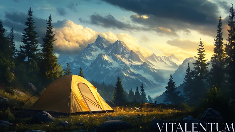 Sunlit alpine campsite beneath snowcapped mountain ridgeline