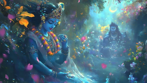 Mystical blue deities share a tranquil moment in glowing forest