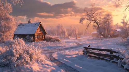 Snow covered rural cabin and trees at winter sunrise.