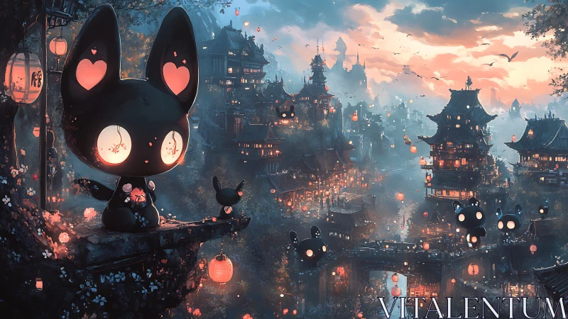 Chibi spirit guardians above lantern-lit misty pagoda cityscape.