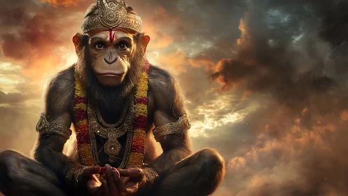 Monk-like monkey deity in jeweled dawn-cloud quiet.